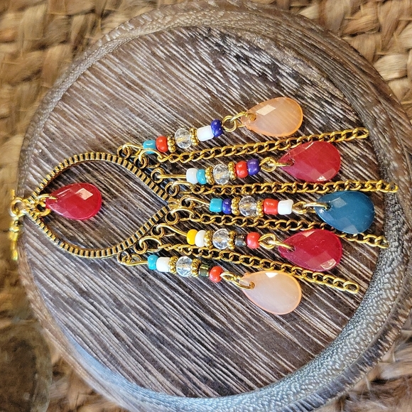 💥LAST ONE💥Multicolor Beaded Gold Tone Chain Dangle Boho Earrings - Picture 3 of 6